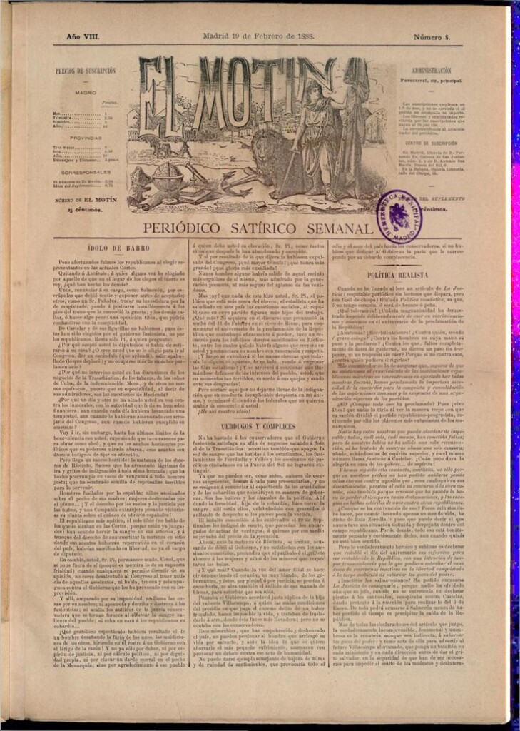 Miniatura de El Motín: periódico satírico semanal del 19 de febrero de 1888