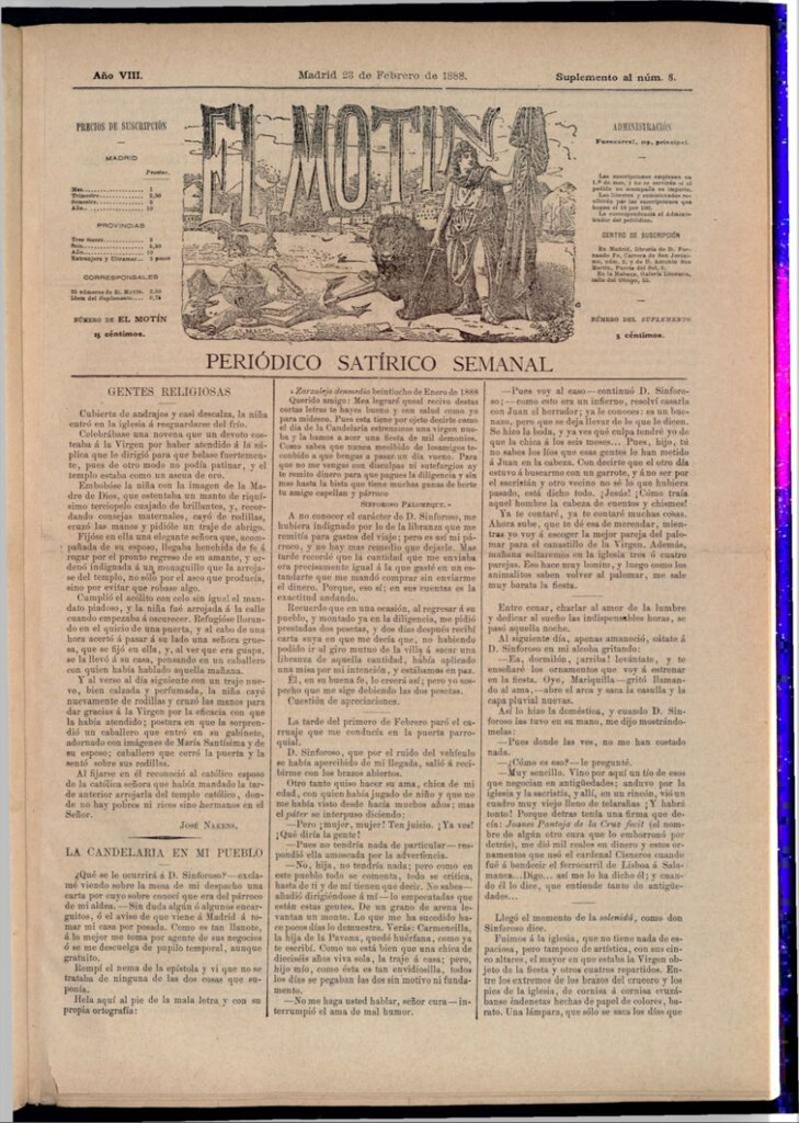 Miniatura de El Motín: periódico satírico semanal del 23 de febrero de 1888