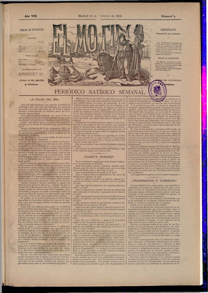 Miniatura de El Motín: periódico satírico semanal del 26 de febrero de 1888