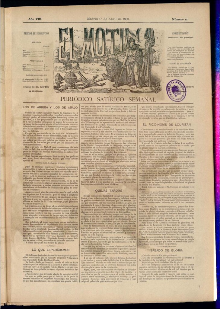 Miniatura de El Motín: periódico satírico semanal del 1 de abril de 1888