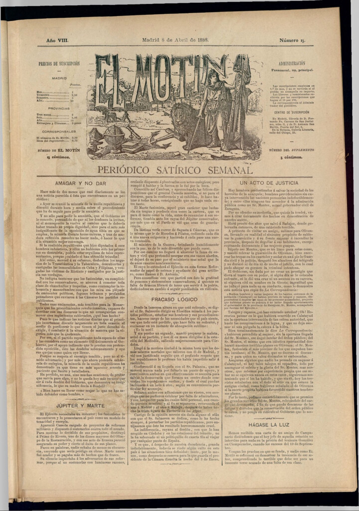 Miniatura de El Motín: periódico satírico semanal del 8 de abril de 1888