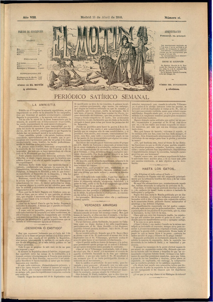 Miniatura de El Motín: periódico satírico semanal del 15 de abril de 1888