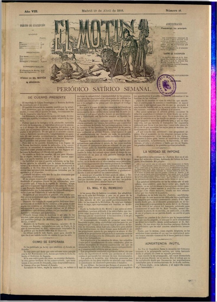 Miniatura de El Motín: periódico satírico semanal del 29 de abril de 1888