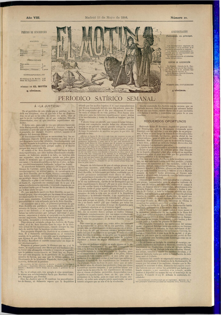 Miniatura de El Motín: periódico satírico semanal del 13 de mayo de 1888