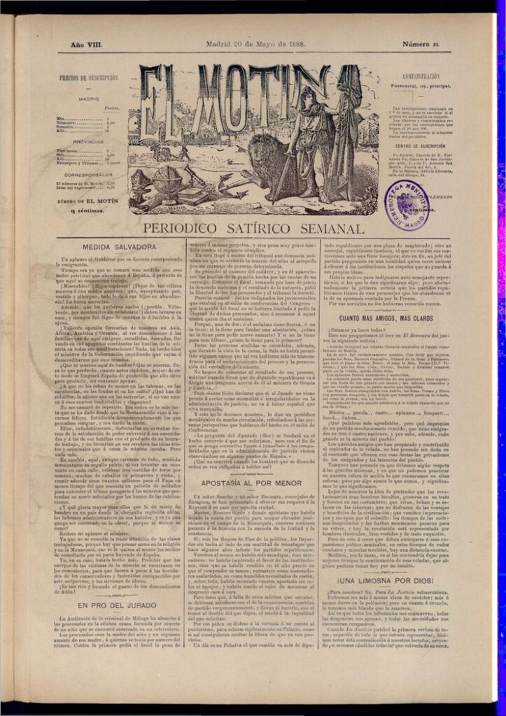 Miniatura de El Motín: periódico satírico semanal del 20 de mayo de 1888