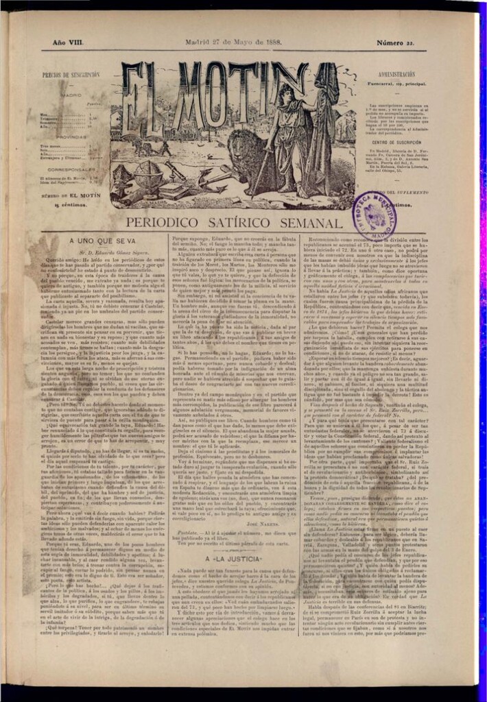 Miniatura de El Motín: periódico satírico semanal del 27 de mayo de 1888