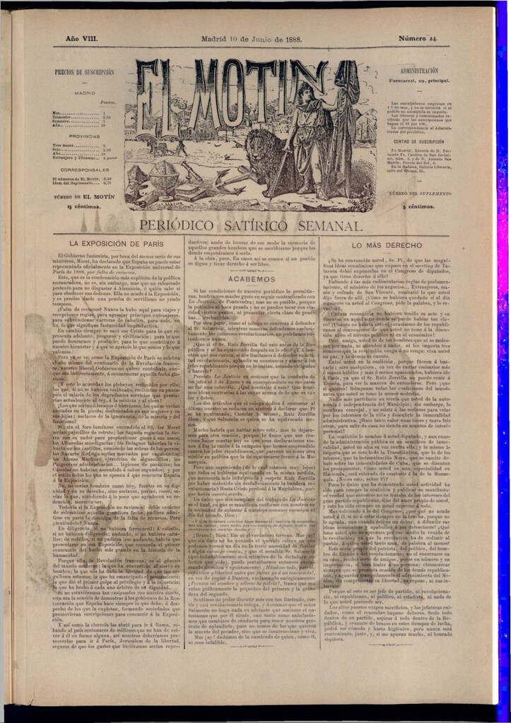 Miniatura de El Motín: periódico satírico semanal del 10 de junio de 1888