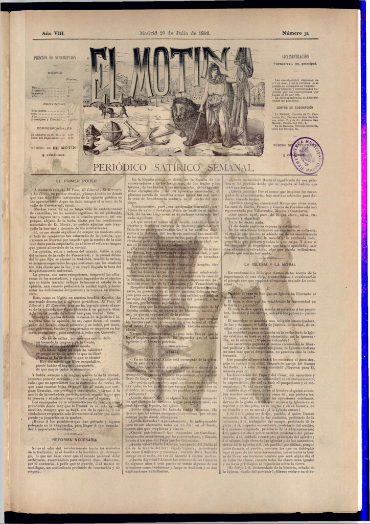 Miniatura de El Motín: periódico satírico semanal del 29 de julio de 1888