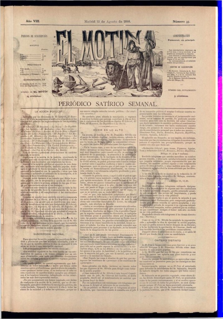 Miniatura de El Motín: periódico satírico semanal del 12 de agosto de 1888