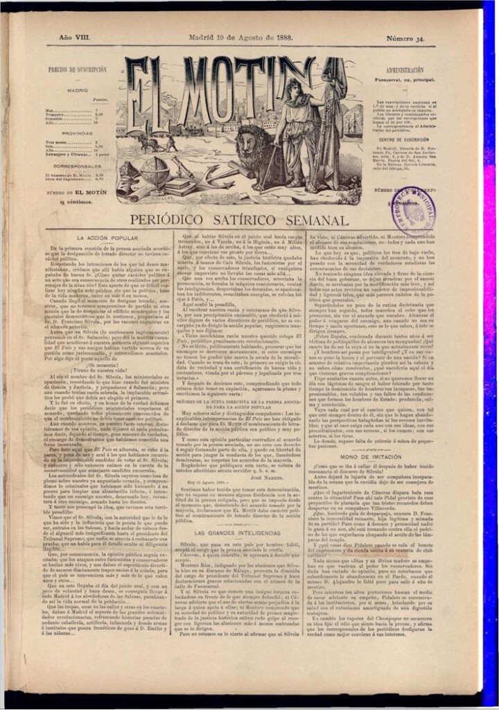 Miniatura de El Motín: periódico satírico semanal del 19 de agosto de 1888