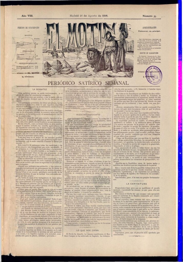 Miniatura de El Motín: periódico satírico semanal del 26 de agosto de 1888