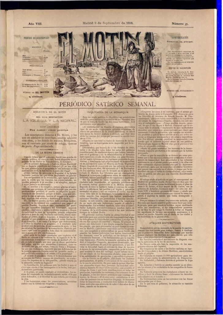 Miniatura de El Motín: periódico satírico semanal del 9 de septiembre de 1888