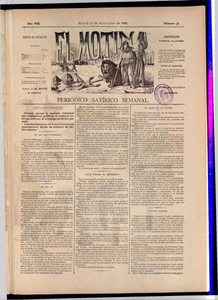Miniatura de El Motín: periódico satírico semanal del 23 de septiembre de 1888