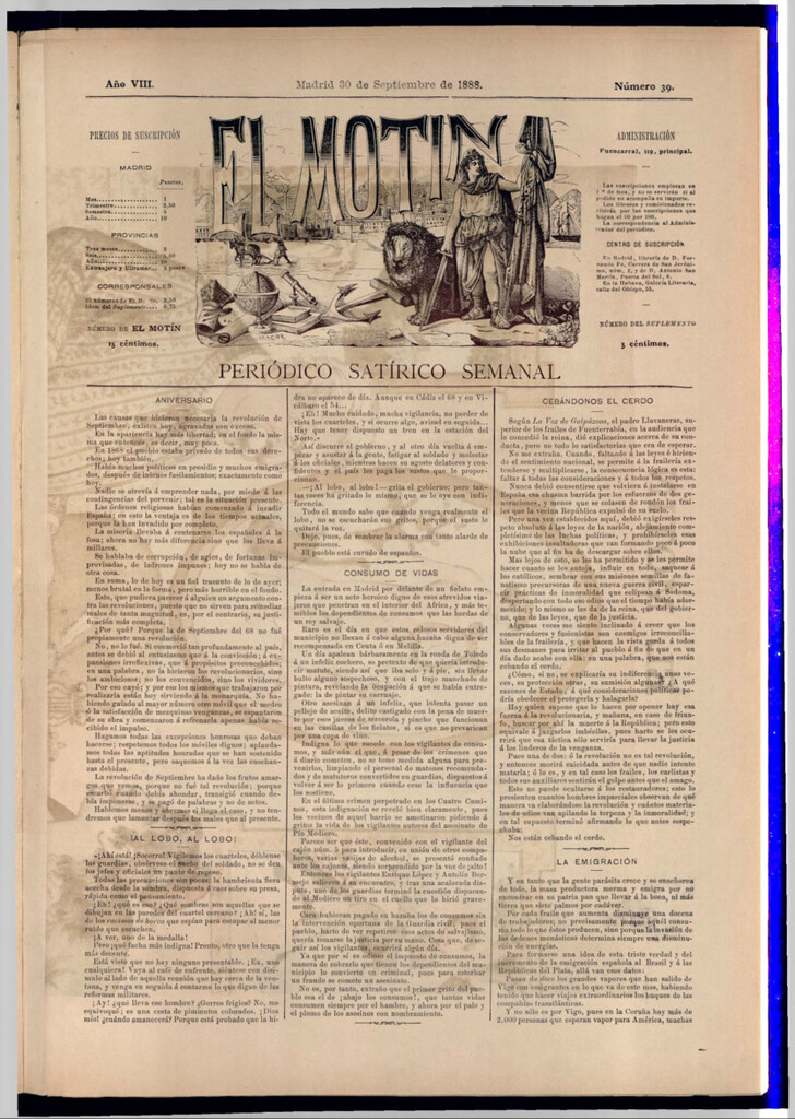 Miniatura de El Motín: periódico satírico semanal del 30 de septiembre de 1888