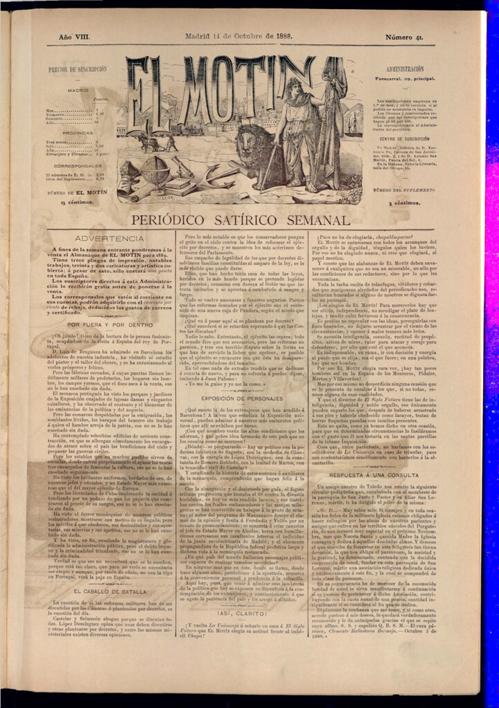 Miniatura de El Motín: periódico satírico semanal del 14 de octubre de 1888