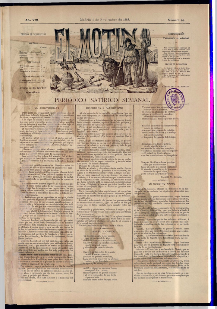 Miniatura de El Motín: periódico satírico semanal del 4 de noviembre de 1888