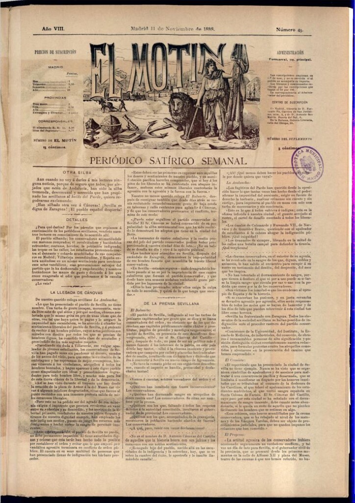 Miniatura de El Motín: periódico satírico semanal del 11 de noviembre de 1888
