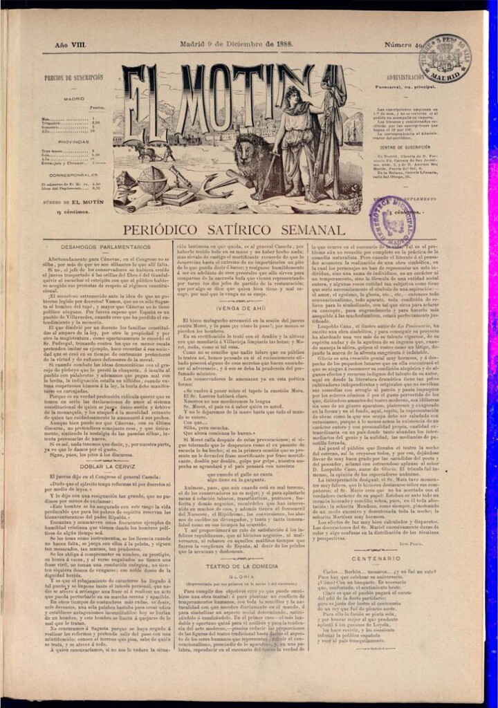 Miniatura de El Motín: periódico satírico semanal del 9 de diciembre de 1888
