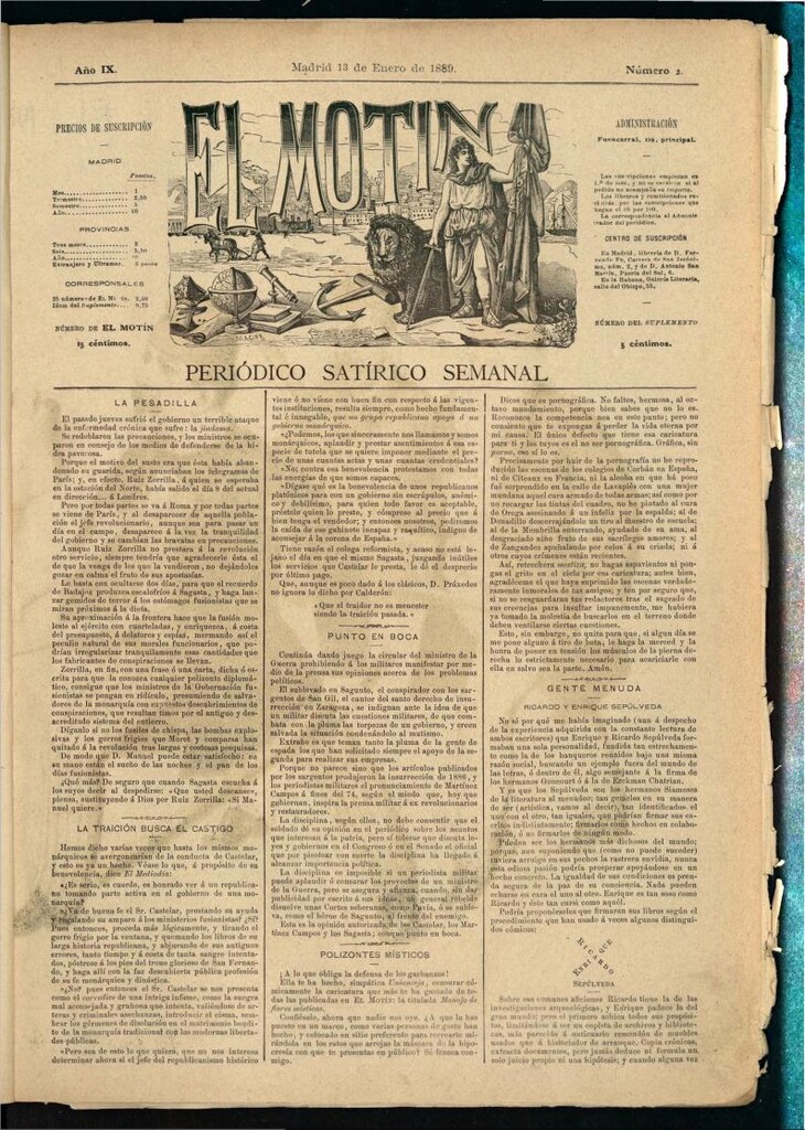Miniatura de El Motín: periódico satírico semanal del 13 de enero de 1889