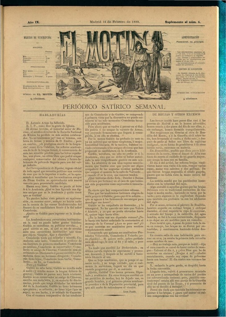 Miniatura de El Motín: periódico satírico semanal del 14 de febrero de 1889