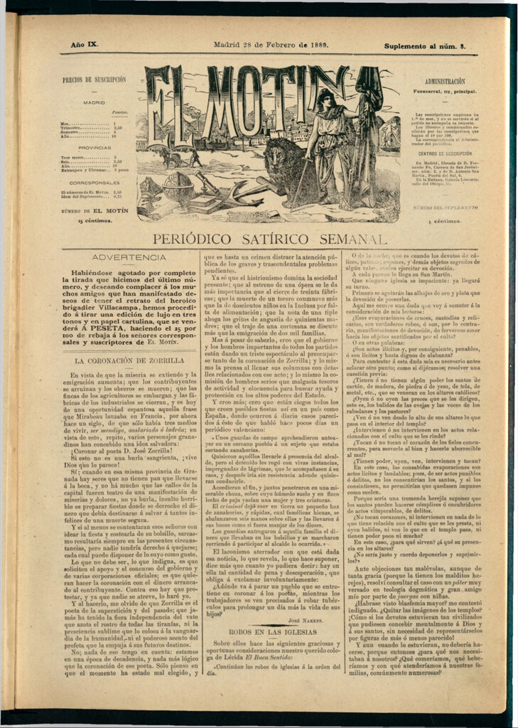 Miniatura de El Motín: periódico satírico semanal del 28 de febrero de 1889