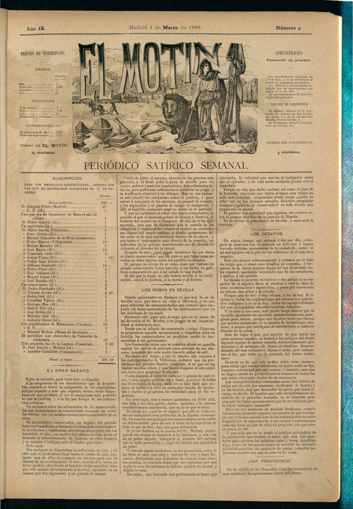 Miniatura de El Motín: periódico satírico semanal del 3 de marzo de 1889