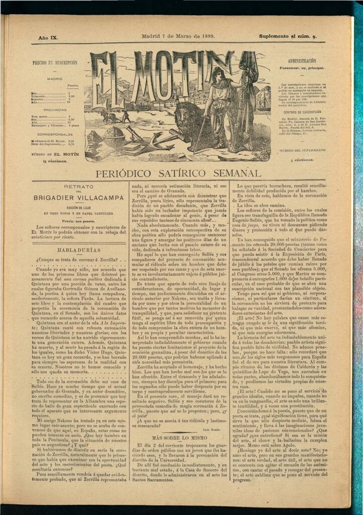 Miniatura de El Motín: periódico satírico semanal del 7 de marzo de 1889