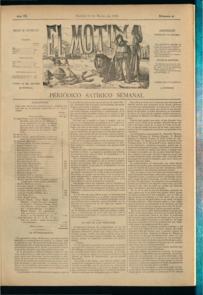 Miniatura de El Motín: periódico satírico semanal del 10 de marzo de 1889