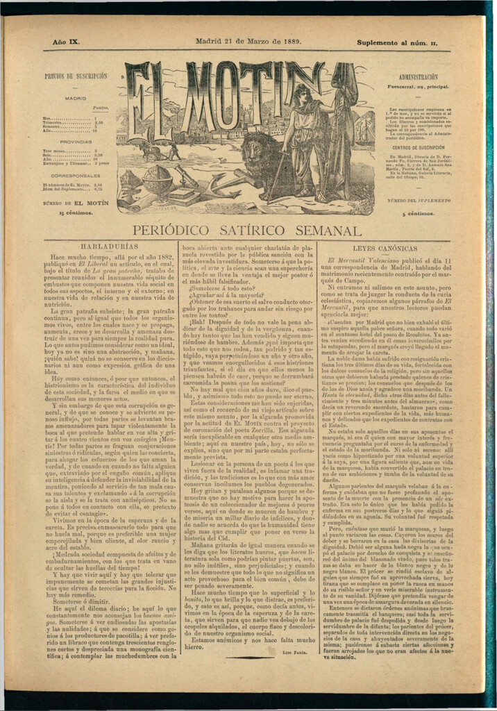 Miniatura de El Motín: periódico satírico semanal del 21 de marzo de 1889