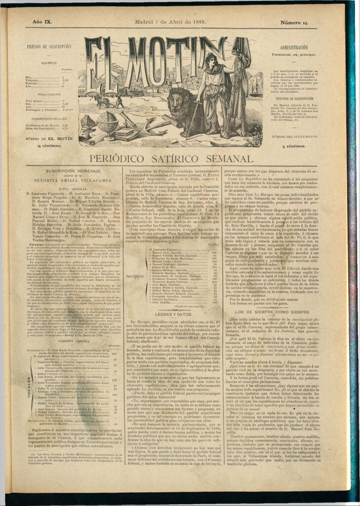 Miniatura de El Motín: periódico satírico semanal del 7 de abril de 1889