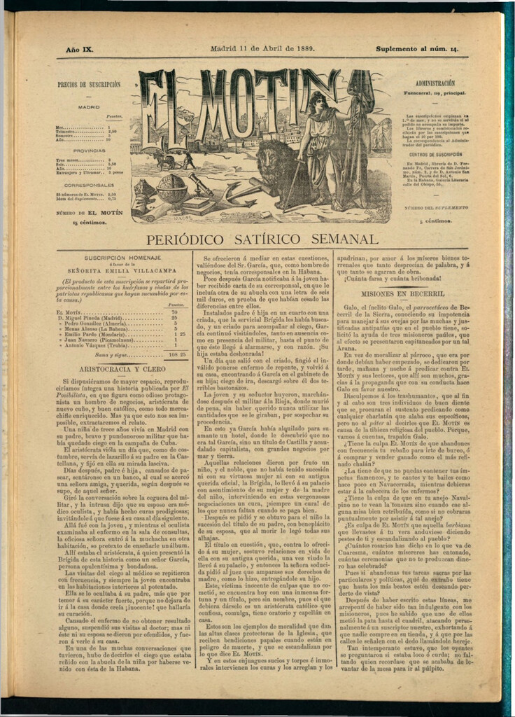 Miniatura de El Motín: periódico satírico semanal del 11 de abril de 1889