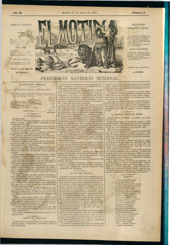 Miniatura de El Motín: periódico satírico semanal del 21 de abril de 1889