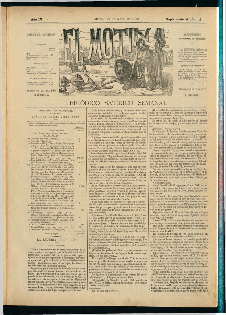 Miniatura de El Motín: periódico satírico semanal del 25 de abril de 1889