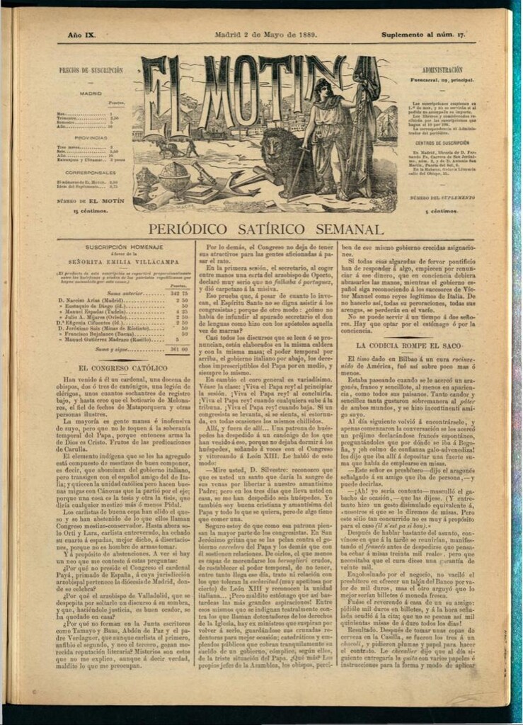 Miniatura de El Motín: periódico satírico semanal del 2 de mayo de 1889