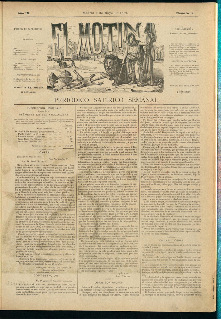 Miniatura de El Motín: periódico satírico semanal del 5 de mayo de 1889