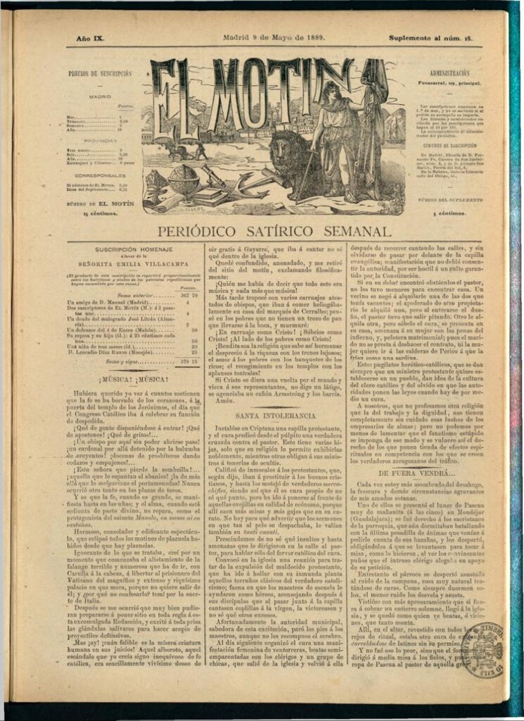 Miniatura de El Motín: periódico satírico semanal del 9 de mayo de 1889