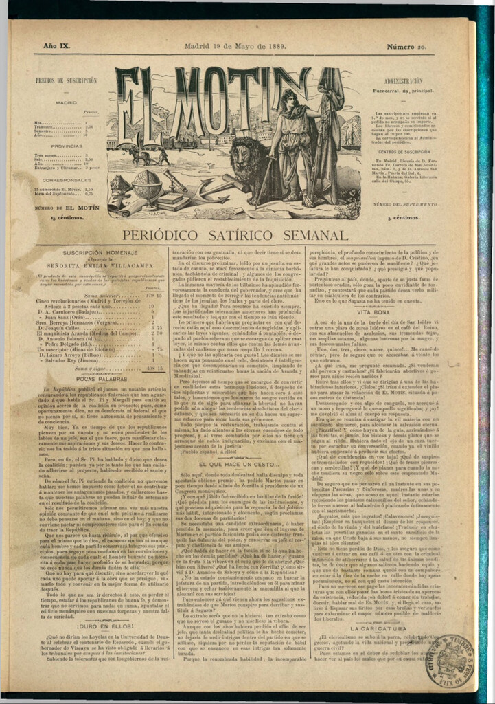 Miniatura de El Motín: periódico satírico semanal del 19 de mayo de 1889