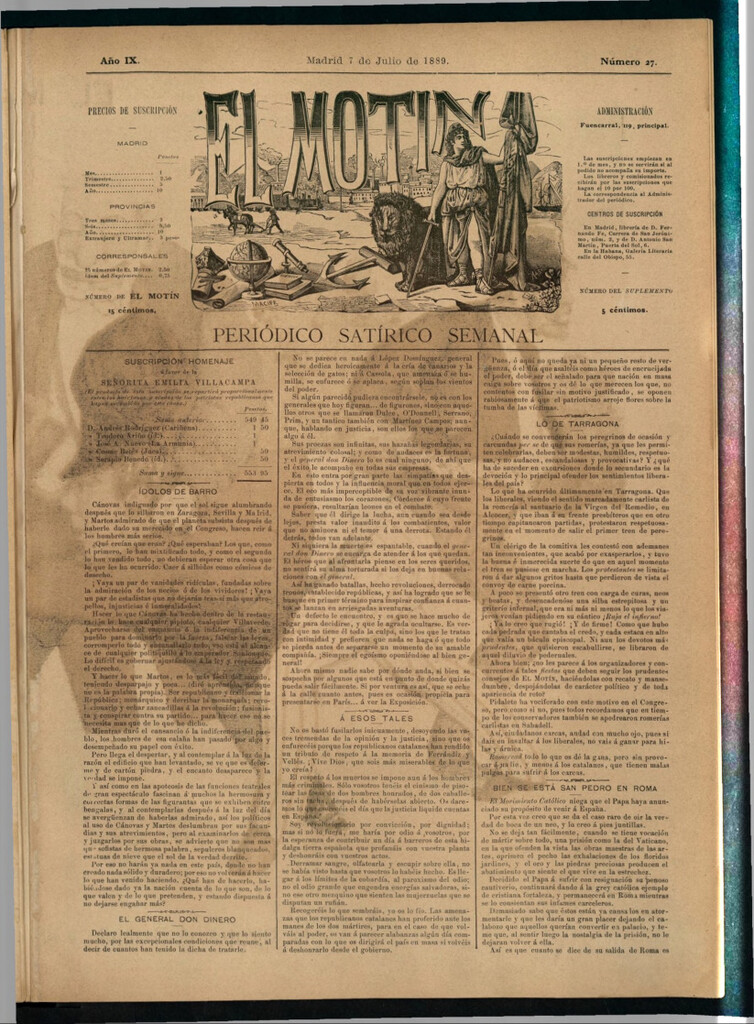 Miniatura de El Motín: periódico satírico semanal del 7 de julio de 1889