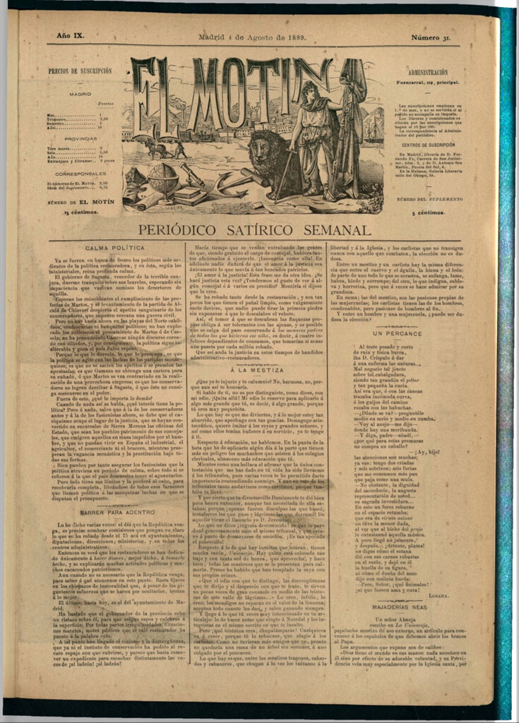 Miniatura de El Motín: periódico satírico semanal del 4 de agosto de 1889