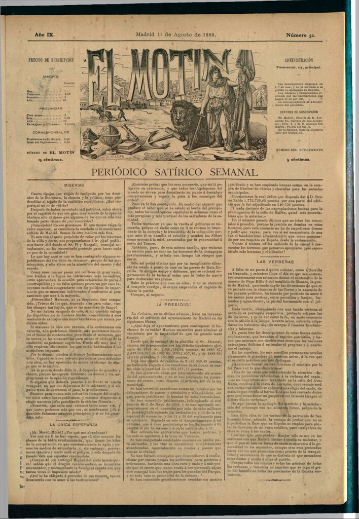 Miniatura de El Motín: periódico satírico semanal del 11 de agosto de 1889