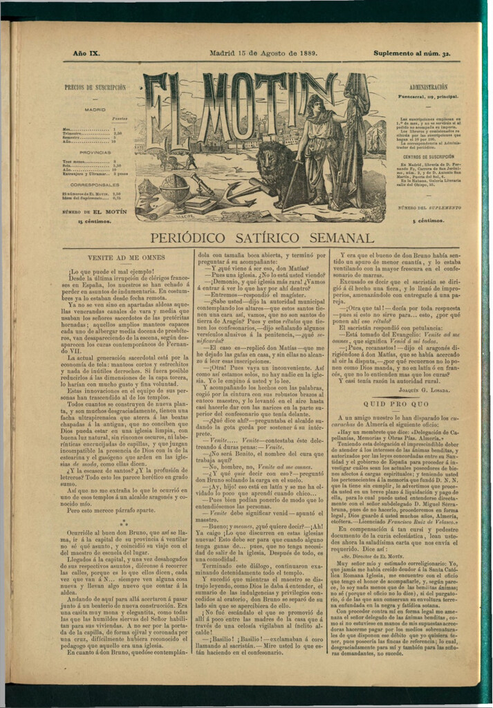 Miniatura de El Motín: periódico satírico semanal del 15 de agosto de 1889