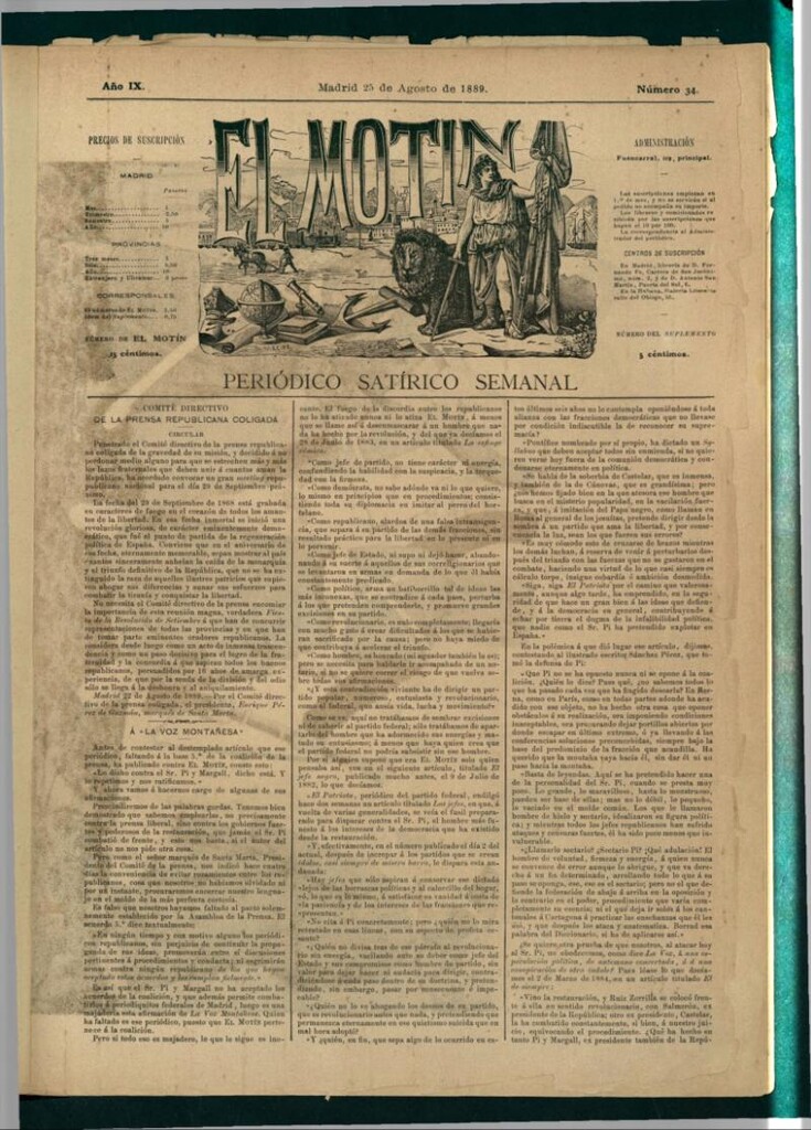 Miniatura de El Motín: periódico satírico semanal del 25 de agosto de 1889
