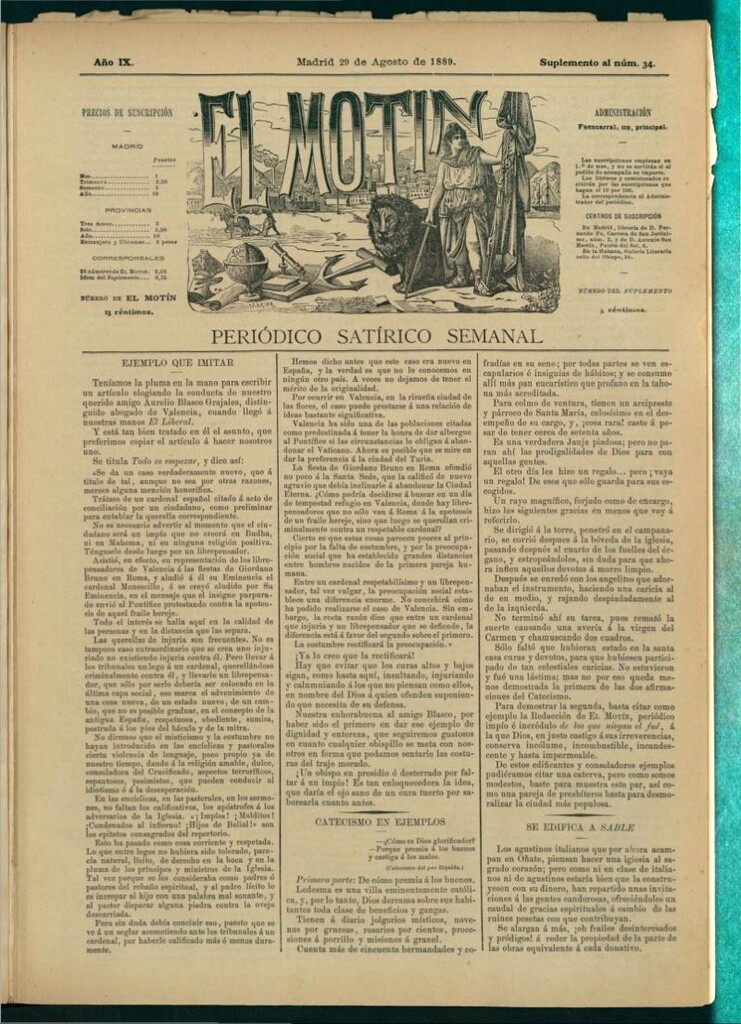 Miniatura de El Motín: periódico satírico semanal del 29 de agosto de 1889