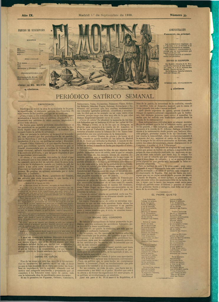 Miniatura de El Motín: periódico satírico semanal del 1 de septiembre de 1889