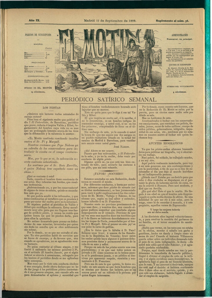 Miniatura de El Motín: periódico satírico semanal del 12 de septiembre de 1889