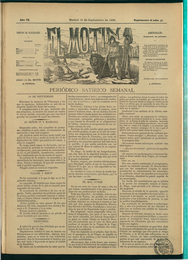 Miniatura de El Motín: periódico satírico semanal del 19 de septiembre de 1889