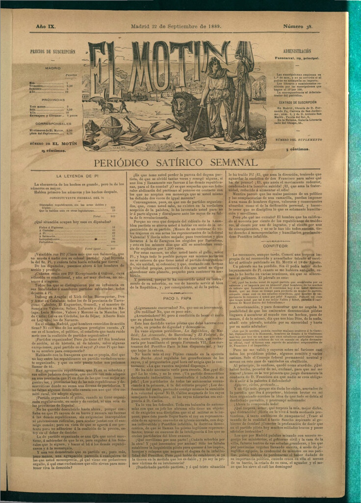 Miniatura de El Motín: periódico satírico semanal del 22 de septiembre de 1889
