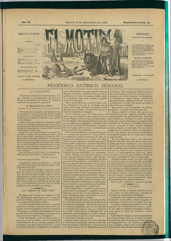 Miniatura de El Motín: periódico satírico semanal del 26 de septiembre de 1889