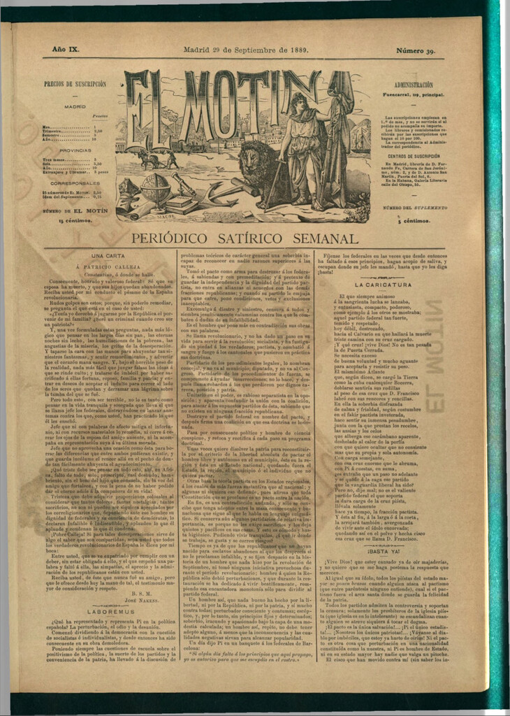 Miniatura de El Motín: periódico satírico semanal del 29 de septiembre de 1889