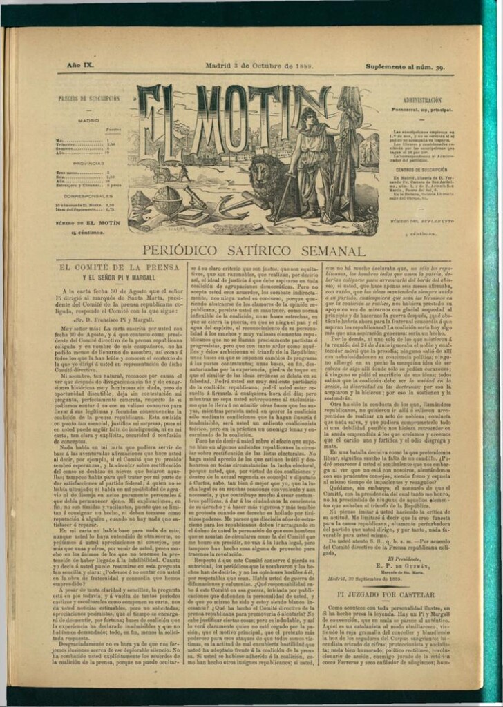Miniatura de El Motín: periódico satírico semanal del 3 de octubre de 1889